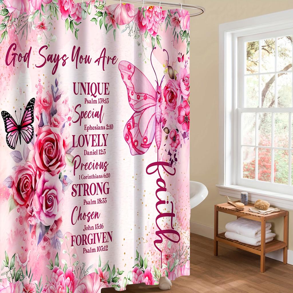 1pc Shower Curtain - Inspirational Faith Design with Pink Flowers and Butterflies Waterproof