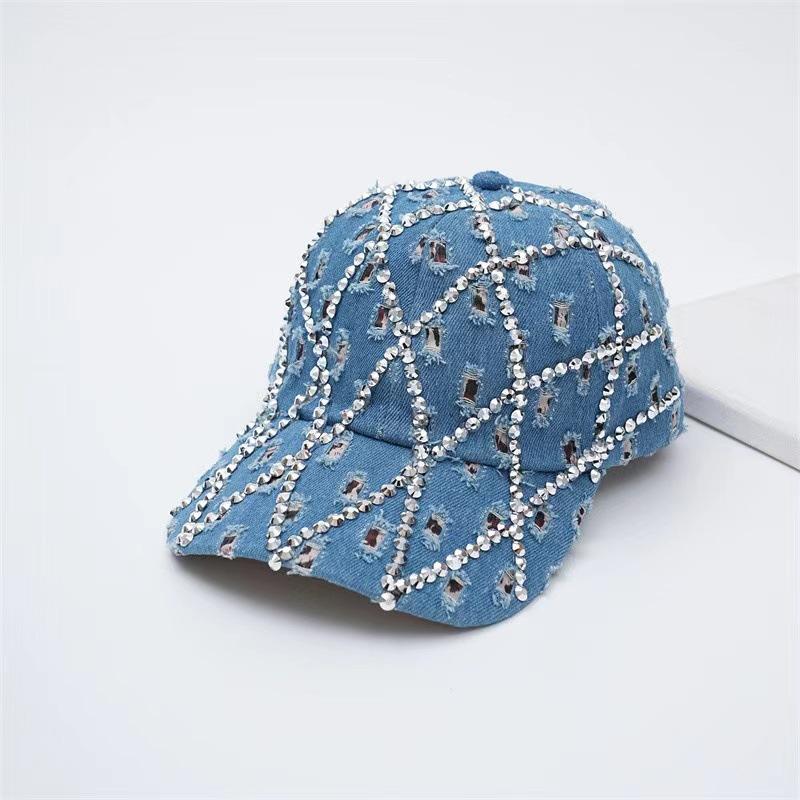 Damen Denim Baseballkappe mit Strasssteinen im Gittermuster, Verstellbarer Sonnenhut für den Alltag, Reisen, Party, Mehrere Farben Verfügbar Adjustable gray