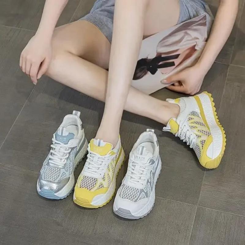 Fashion 7CM Women Summer Spring Air Mesh Shoes Mules Shoes Hollow Chunky Sneaker Slides Sandals Platform Wedge Microfiber Platform Wedge