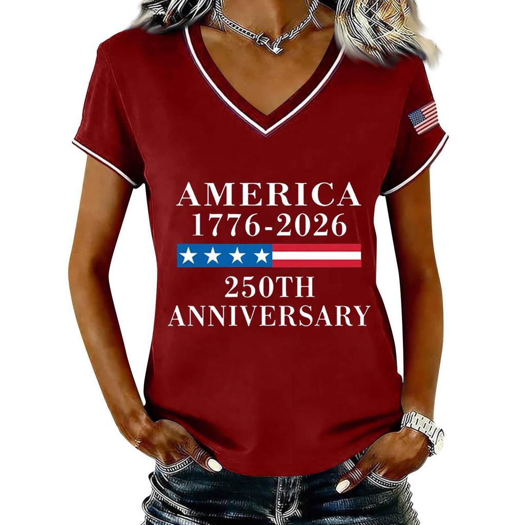 Damen Casual V-Ausschnitt Kurzarm Pullover T-Shirt 250. Jahrestag Druck Top für Unabhängigkeitstag Feier Sommerkleidung
