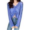 Women Cover Up Tops V-Neck Drawstring Design Long Sleeve Pullover Tops Solid Color Loose Fit Hollow Design Sunscreen Cover Up