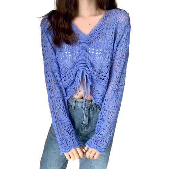 Women Cover Up Tops V-Neck Drawstring Design Long Sleeve Pullover Tops Solid Color Loose Fit Hollow Design Sunscreen Cover Up