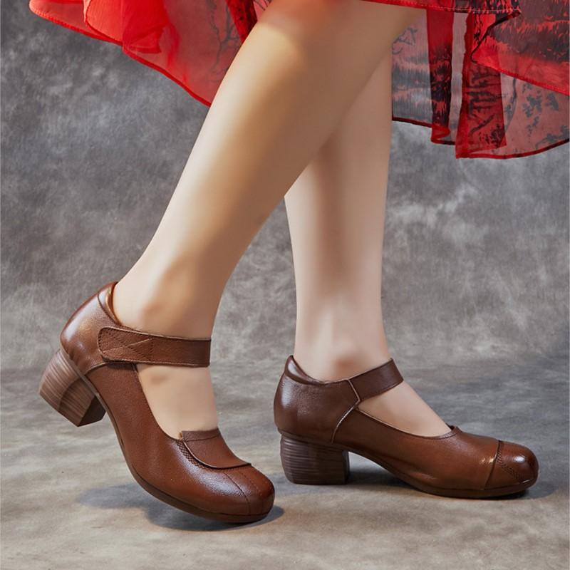 Johnature Women's Shoes Retro Thick Heels Soft Sole Versatile Genuine Leather Solid Color Pumps