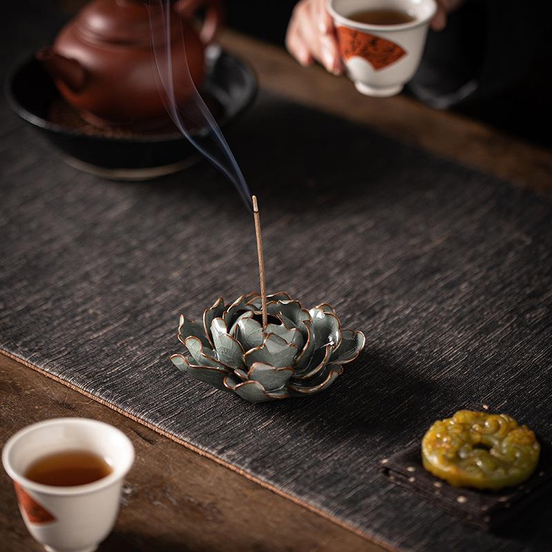Creative handmade line incense insert peony flower incense burner household indoor ceramic Ge kiln retro line incense base incense ornament
