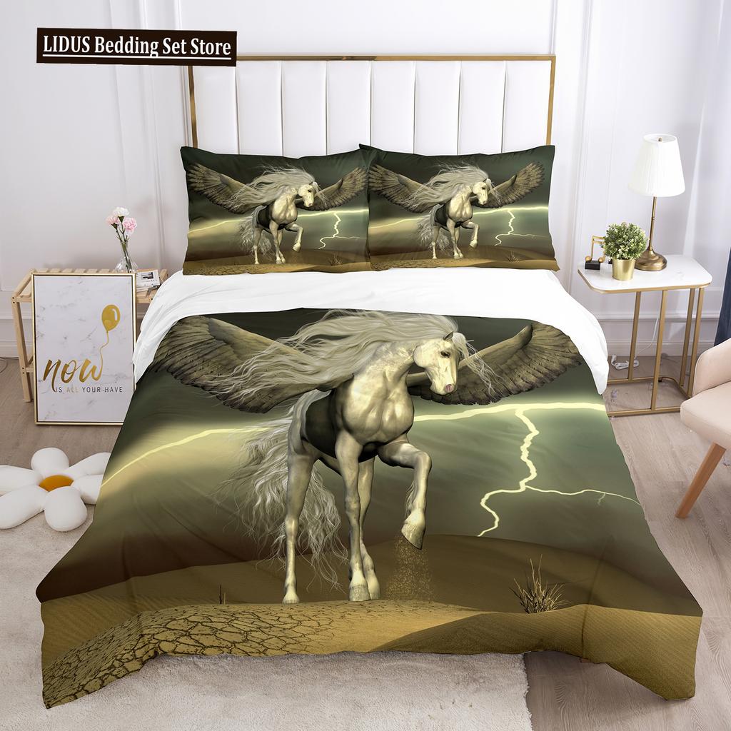 Unicorn Duvet Cover Set White Horse With Wing 3D Print King Size Polyester Comforter Cover For Kids Bedding Set With Pillowcase