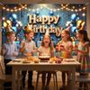 Nuxovilar Happy Birthday Banner Blue Gold Balloons String Lights Polyester Backdrop 43x70.86 Inches - Large Party Birthday Decorations for Photo