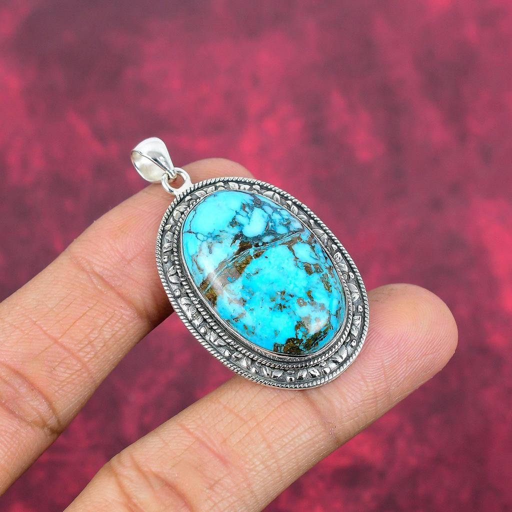 Blue Turquoise Handmade Gemstone Pendant, 925 Solid Sterling Silver Antique Jewelry Pendant, For Engagement Gift