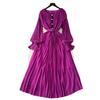 Summer new waist slim lapel pleated dress socialite temperament ruffle edge long sleeves big swing long dress tide