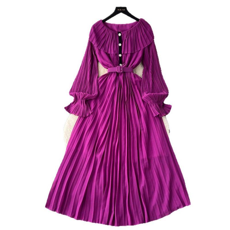 Summer new waist slim lapel pleated dress socialite temperament ruffle edge long sleeves big swing long dress tide