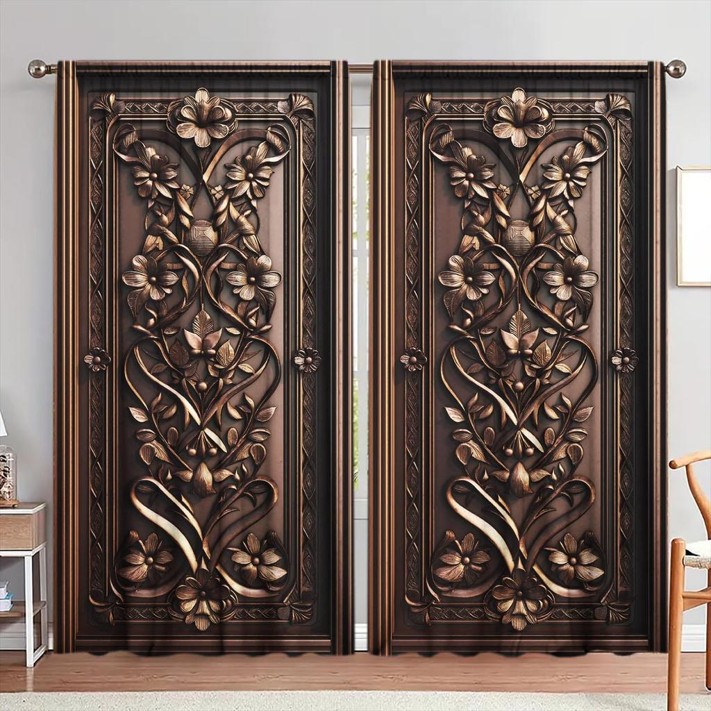 2pcs Classical Wood Carved Curtains   Sunshade and Privacy-protecting Pole-style Curtains