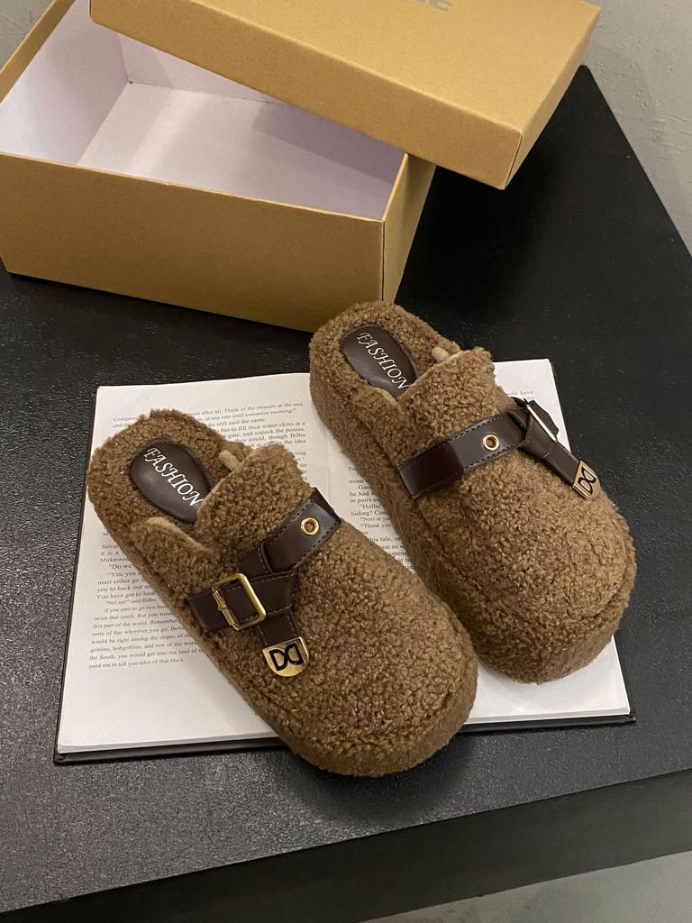 2025 Autumn and Winter New Fashion Fluffy Suede Cotton Slippers Women's Outer Slippers Thick Bottom Solid Color Foot Warm Cotton Slippers