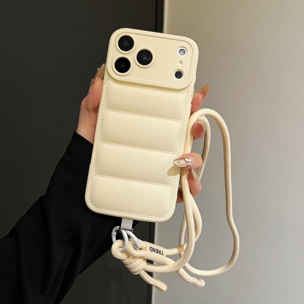Fashion Down Jacket Lanyard Crossbody Case for iPhone 17 16 15 Pro Max 14 Plus 13 12 11 Air X Xr Xs Long Strap Solid Color Cover
