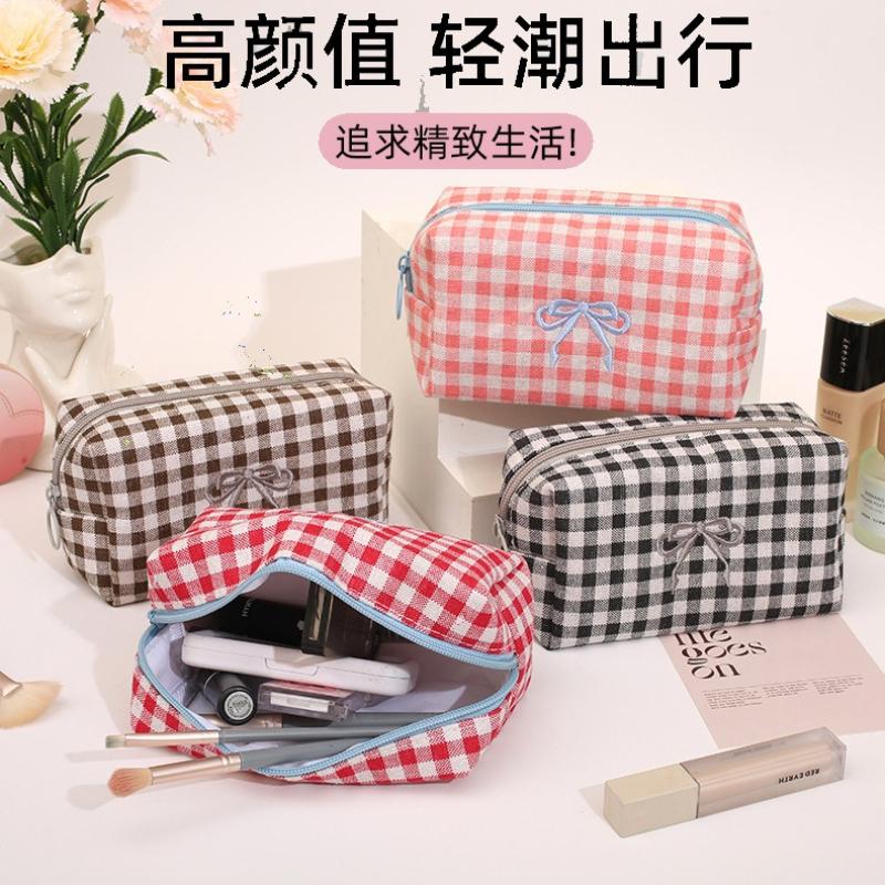 Trendy Plaid Makeup Bag Embroidered Bow Octagonal Cosmetics Organizer Makeup Pouch Portable Travel Organizer Bags Toiletries Bag