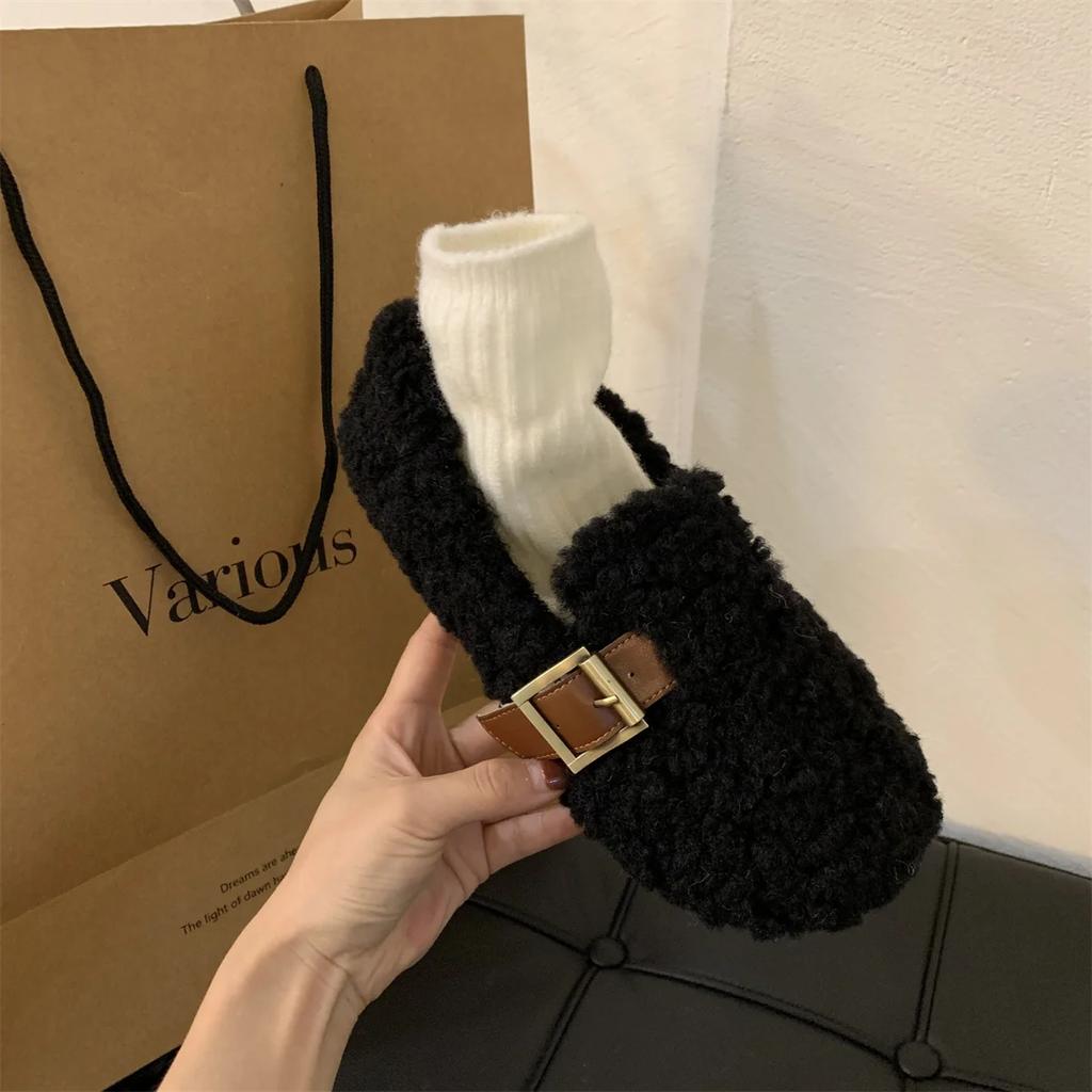 Luxury Sheep Fur Lined Loafers Women Lambswool Shoes Ladies Winter Slip On Furry Flats Cotton Wool Mocasine Femme Barefoot Boots