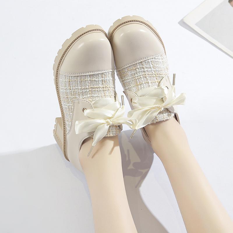 Fashion Loafers Women's Tweed Patch Eyelet Shoes Lace-Up Bowknot Chunky Thick Heel Versatile Mesh Women's Fragrant Women's Shoes