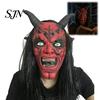Full Head Mask for Adults Halloween Satan Devil Mask, Realistic Latex Costume with Long Escape Room Horror Decorations Horns And Fangs, Scary Cosplay