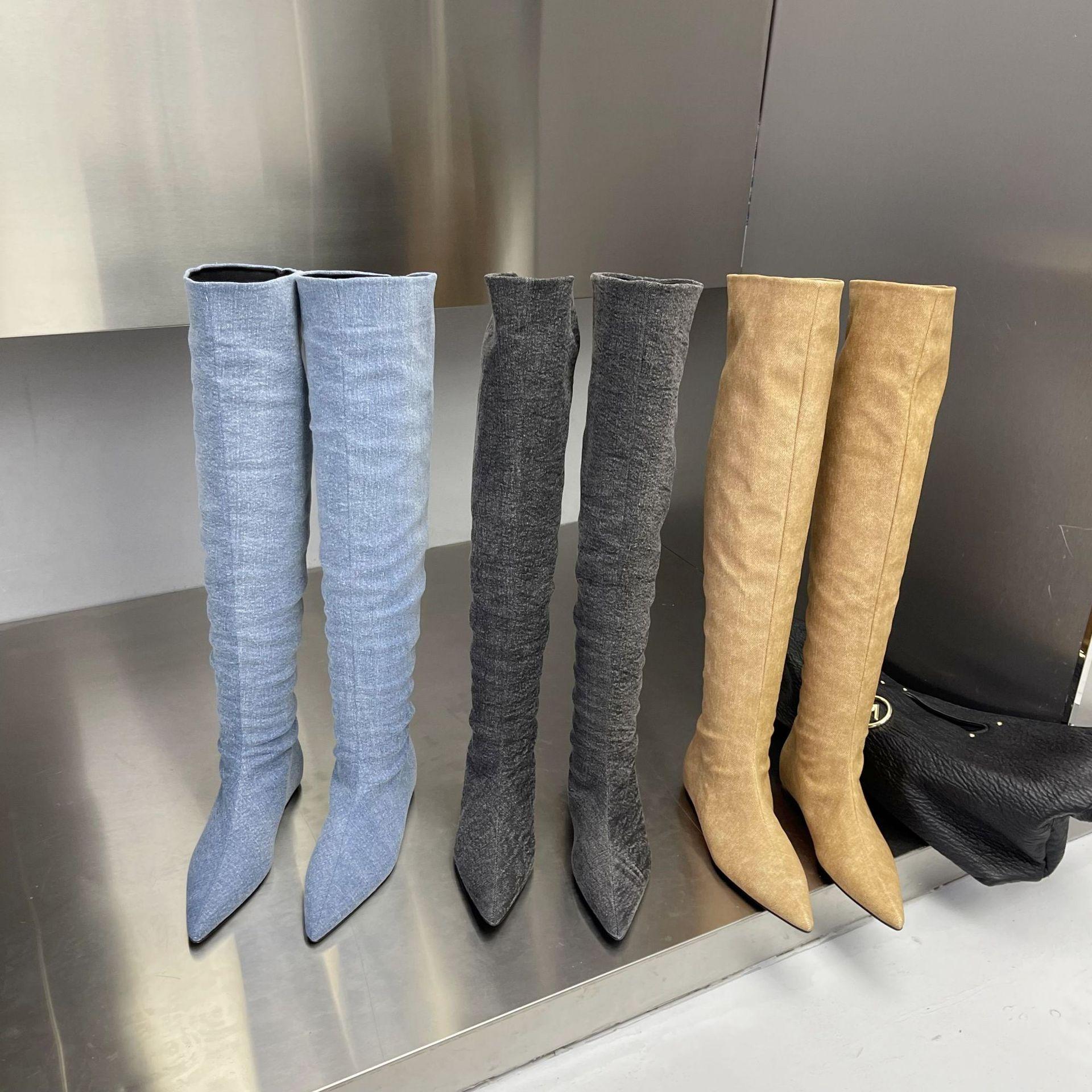 

2025 autumn new models are flat-bottomed pointed-toed tall tube two-through knee denim blue thin knight women s pleated boots 39 жёлтый