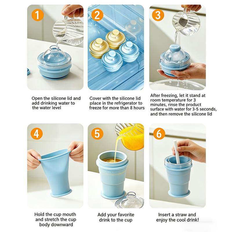 2026New Portable Foldable Ice Ball Cup With Built-in Straw Food-Grade Silicone Ice Maker Mold Summer Outdoor Travel Tumbler