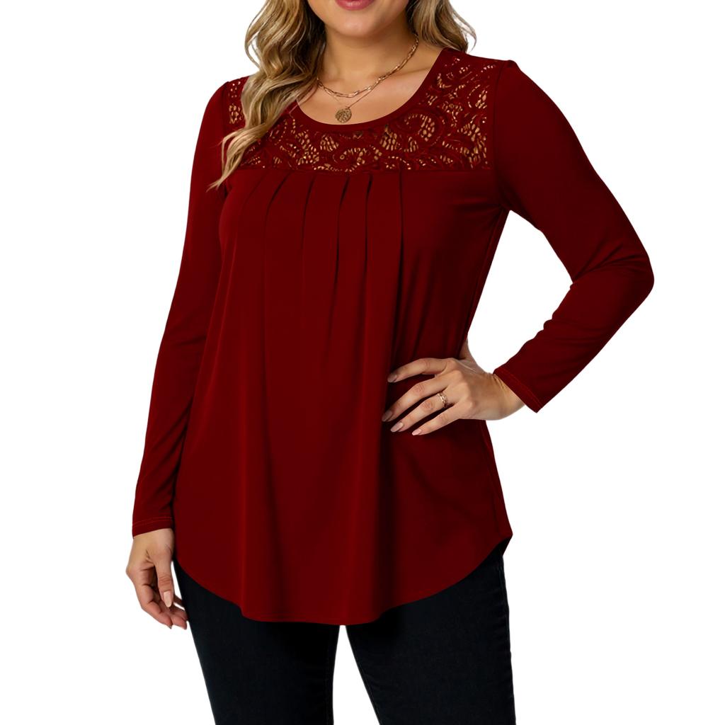 Ladies' Casual And Fashionable Round Neck Collar Lace Long Sleeved Solid Color T-shirt Plus Size Top