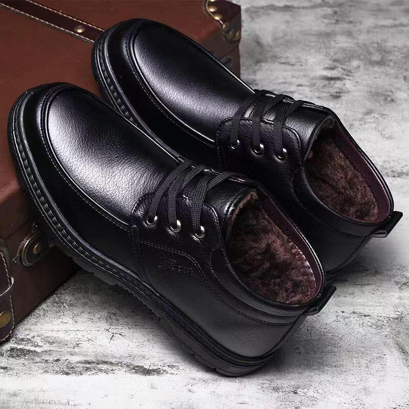 

Мужские теплые зимние ботинки с высоким голенищем: Толстые кожаные туфли на плюшевой подкладке для пап среднего и пожилого возраста Size 37