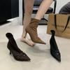 2025 Autumn and Winter New Simple Retro Satin Pointed High-heeled Short Boots Women's Thin-heeled Elastic Boots Thin Boots