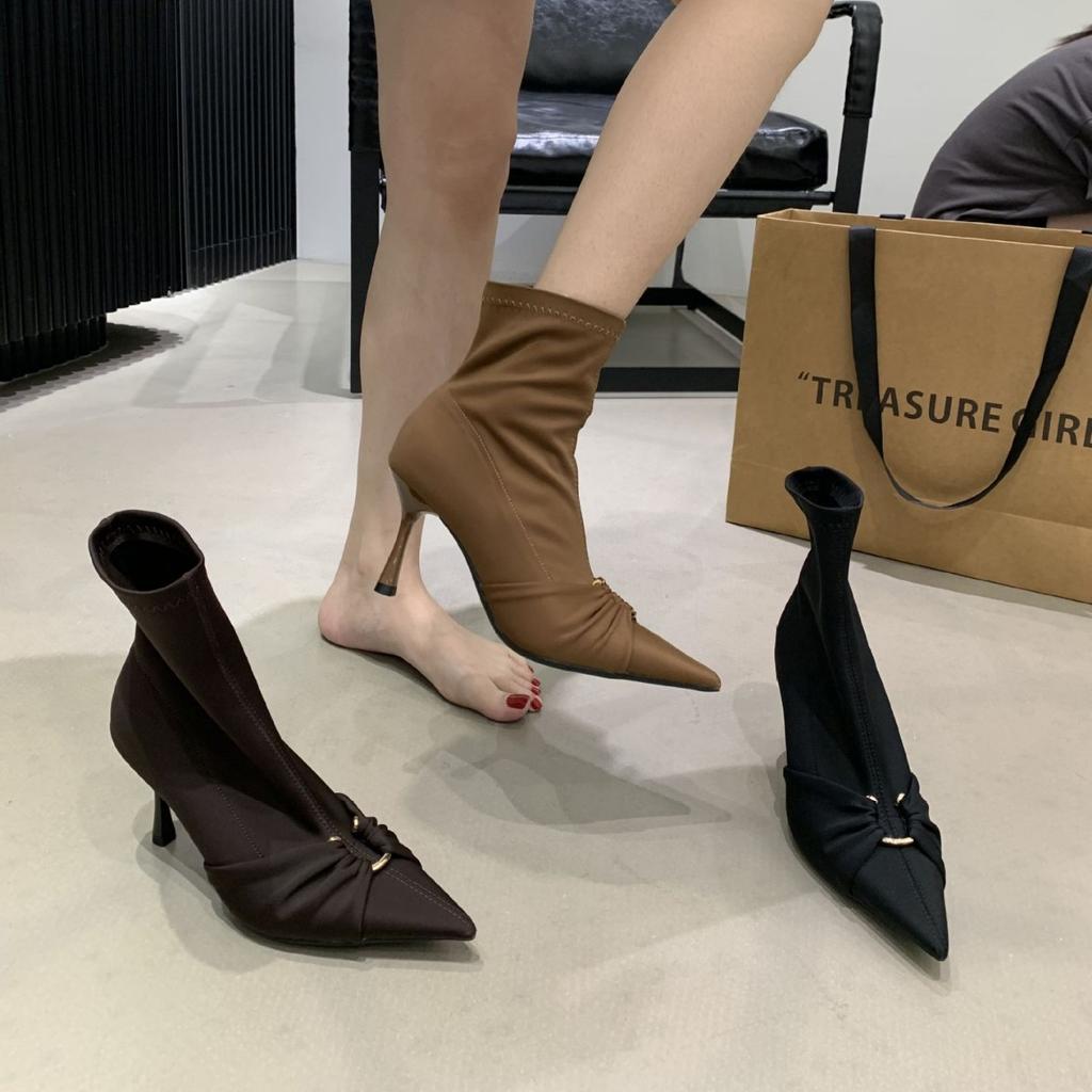 2025 Autumn and Winter New Simple Retro Satin Pointed High-heeled Short Boots Women's Thin-heeled Elastic Boots Thin Boots