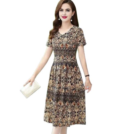 Vintage Floral Print Midi Dress for Women Short Sleeve Smocked Waist A-Line Dress Summer V Neck Swing Sundress