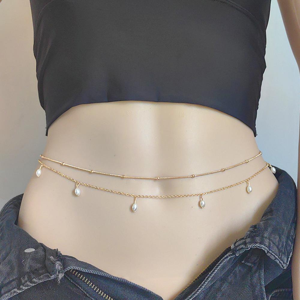 

European American Fashion Double-layer Waist Chain with Imitation Pearl Tassels and Round Beads серебряный