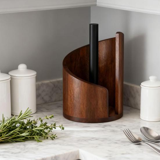 Mountain Paper Towel Holder Countertop with Wood Round Base And Iron Holder One-Hand Tearing Wood Paper Towel Holder for Kitchen Dining Room
