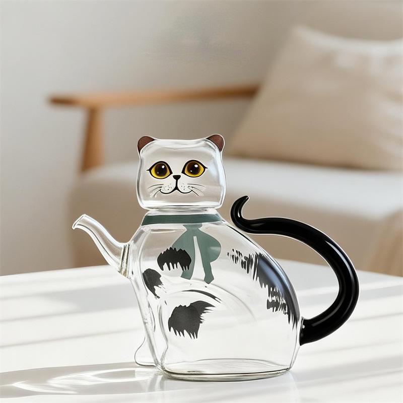 Cute Cat Shaped Glass Tea Kettle Lucky Cat Glass Teapot Glass Pitcher