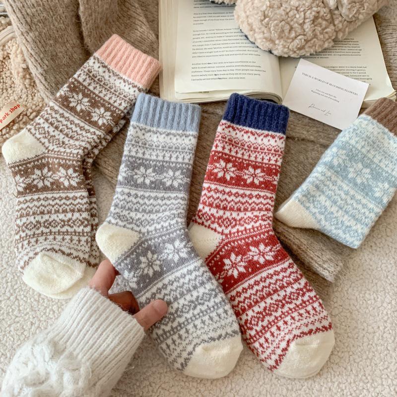 Calcetines de Lana Gruesa con Forro de Forro Polar para Mujer - Diseño de Copo de Nieve Fair Isle