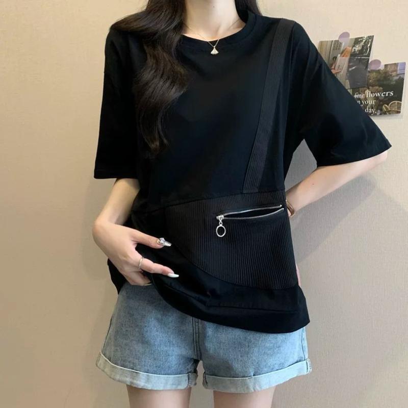Vintage Reißverschlusstaschen Patchwork Locker Trend Oberteile Sommer Kurzarm Einfarbig Locker Mode T-Shirts Lässig Koreanische Damenbekleidung