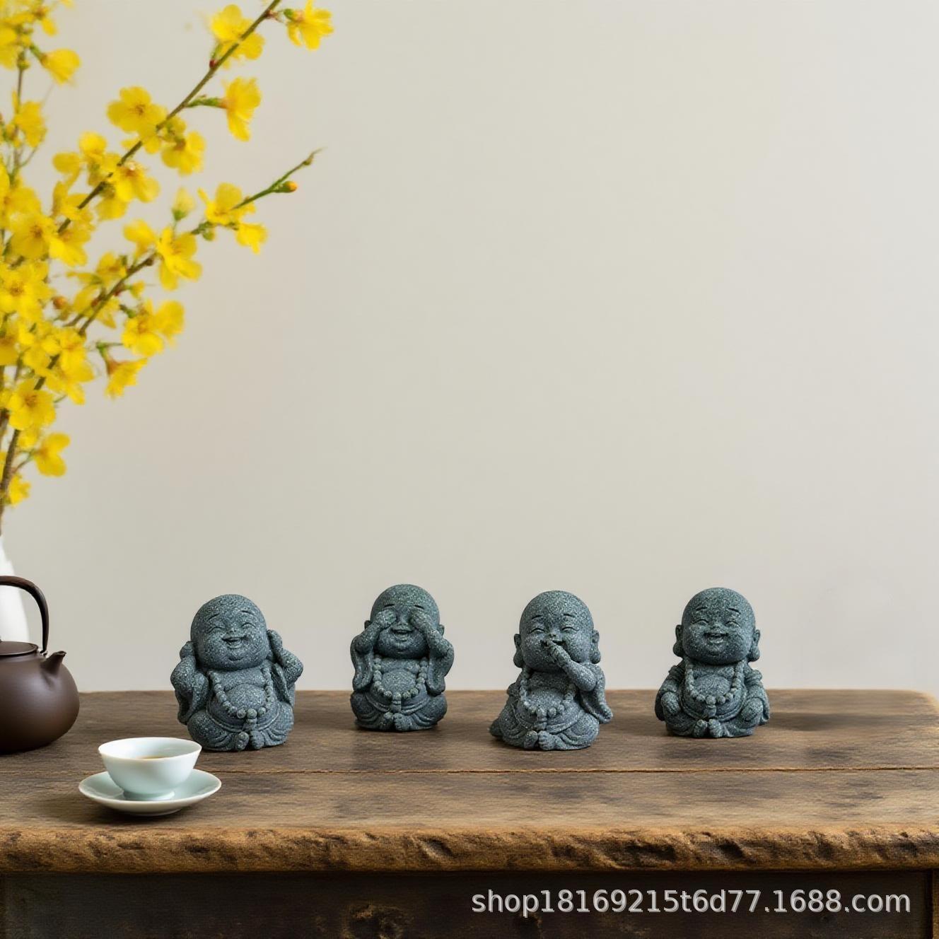 Blue Sandstone Maitreya Buddha and Four Monks Creative Ornament for Desktop Decoration Slate Grey Maitreya Buddha with Four-No Monks