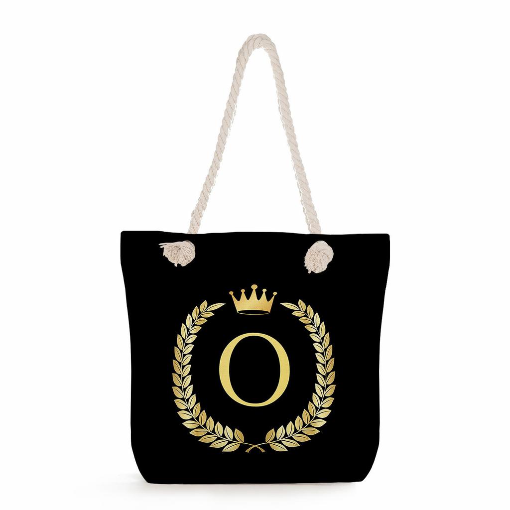 Black letters on a black background print thick rope single-shoulder beach bag 7289 CLE