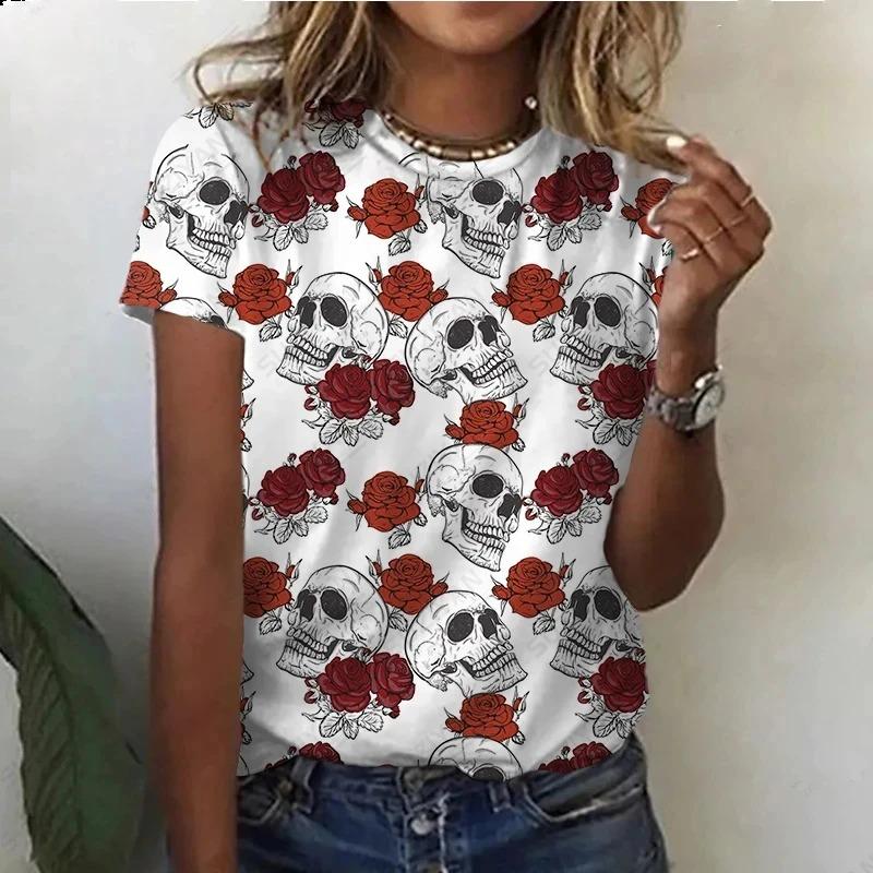 Summer Round Neck 3D Skull Pattern Printed Top Fashionable Casual Cute Short Sleeved Women's T-shirts
