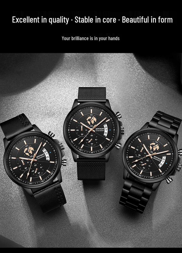 Sanda Men's Luminous Waterproof Quartz Watch with Three Subdials, Six Hands, and Calendar