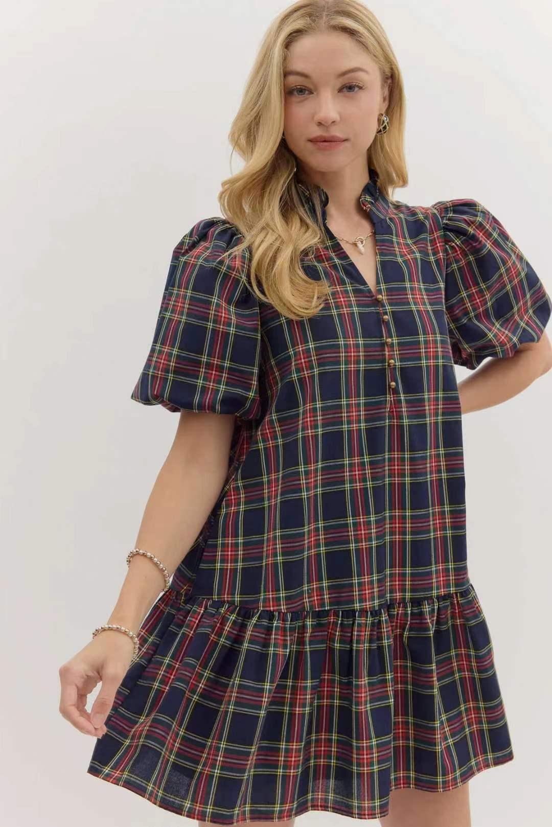

2026 Women s Red Plaid V-neck Waist-cinching Short-sleeved A-line Dress, Retro College Idol Style Large темно-синий