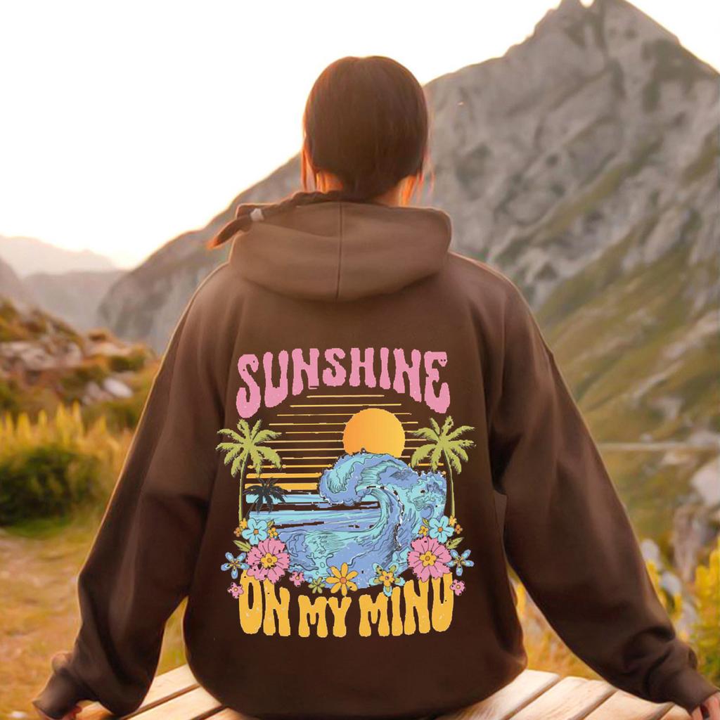 2025 Popular Fashion Hooded Sweater Ins Women's Shoulder Sleeves Fashion Sunshine Wave Sweater Print