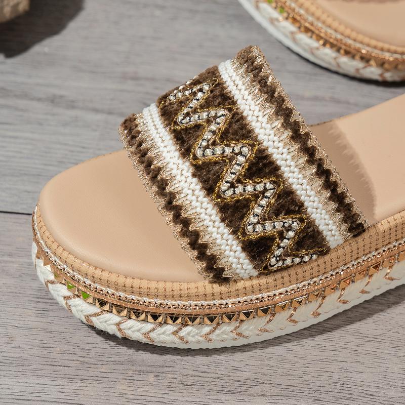 Fashion Ethnic Weave Straps Beach Platform Wedge Slippers Women 2025 Summer Bohemia Medium Heels Slides Luxury Comfort Outdoor Slides