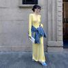 2025 Trendy Yellow and White Long-Sleeve Slim-Fit Dress for Spring and Autumn