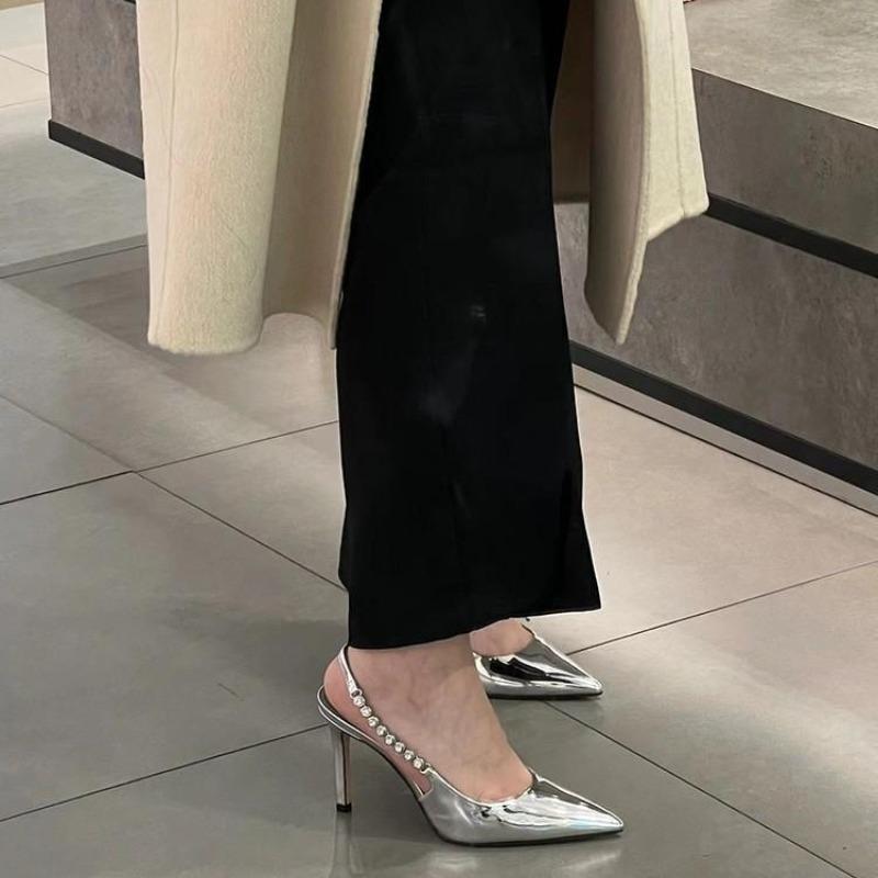 Kadın Kristal Yüksek Topuklu Slingback Sivri Burun Gümüş Topuklu Ayakkabılar Moda Lüks Markalar İnce Topuklu Sandaletler Metalik Parti Günlük Ayakkabılar