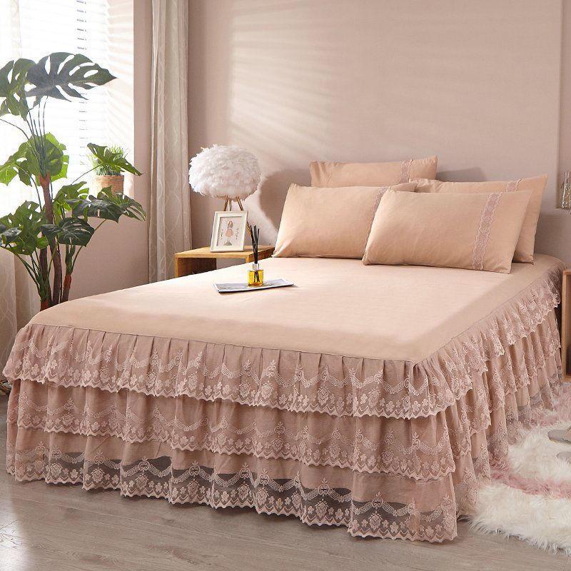 Lace Ruffled Bed Skirt Lace Lace 3 Pcs Set Non-slip Mattress Cover Princess Style Non-pilling Bedroom Bed Cover 3 Pcs Set