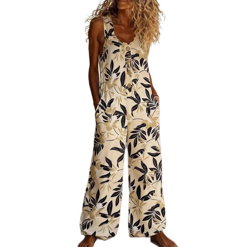 Women's Sleeveless Wide Leg Jumpsuit with Side Button Detail Multi Floral Print Casual Outfit