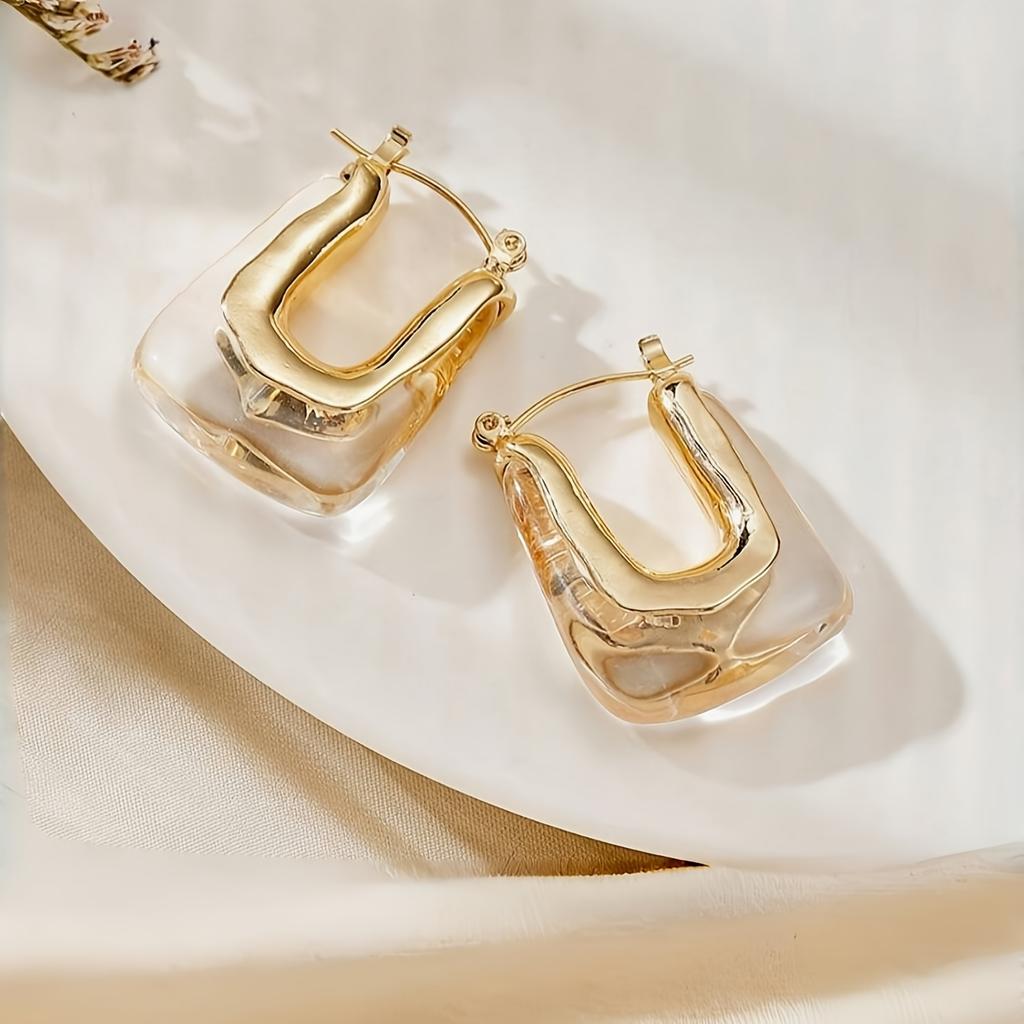 Vintage U-Shaped Hoop Earrings for Women Golden-Tone Finish & Resin Inlay Stylish Earring Party Jewelry Gifts