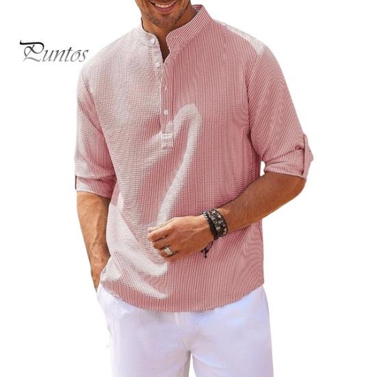 Men Shirt Long Sleeve with Cufflink Stand Collar Half Single-breasted Pullover Mid Length Solid Color Plus Size Daily Office Business Top