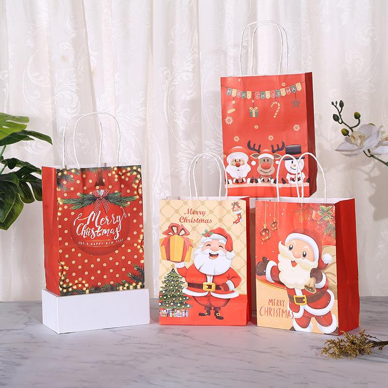 4/8/12pcs Christmas Kraft Paper Handbags Xmas Holiday Gift Bags Cristmas Navidad Decoration New Year Candy Cookie Packing Bag