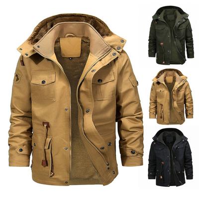 Men Winter, Solid Color, Jacket Coat, Detachable Hooded, Stand Collar, Long Sleeve, Fleece Lining, Multi Pockets, Zipper Placket, Outwear
