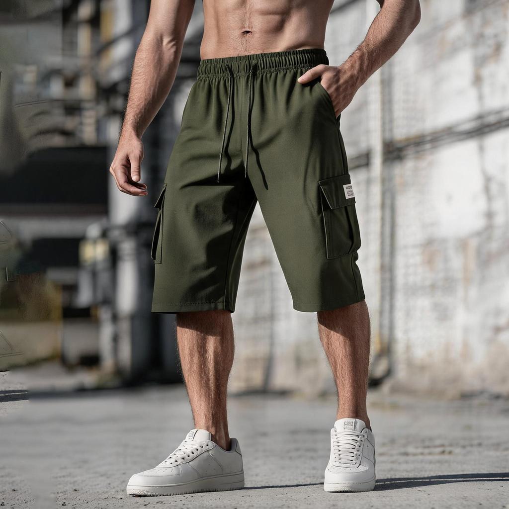 Men's Solid Color Cargo Shorts Summer Lightweight Outdoor Sports Multi Pocket Casual Workwear Shorts with Elastic Waist Drawstring