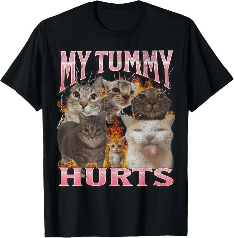 Cotton Gift Tee My Tummy Hurts Funny Cat Meme Bootleg Graphic T-Shirt casual cot M