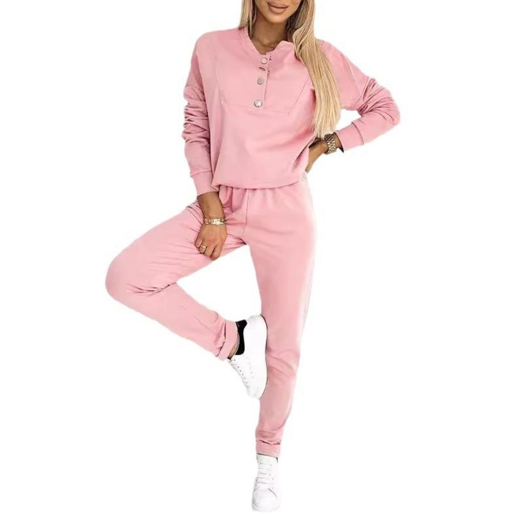 New Women's Half Button Long Sleeve Casual Sports Two Piece Set